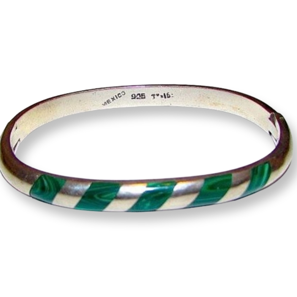 925 sterling silver and malachite bangle bracelet Taxco Vintage Rare!!